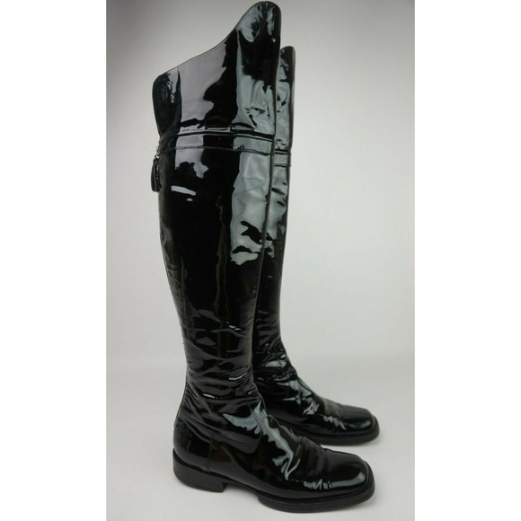 Chanel Women's Black Patent Leather Over The Knee CC Boots Size 36 - Picture 1 of 12